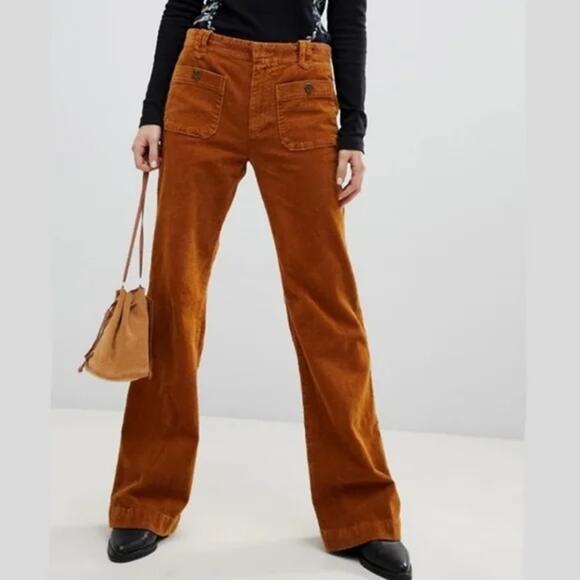 Free People High Rise Corduroy Flare Patch Pocket Pants Brown 0 - Picture 1 of 9